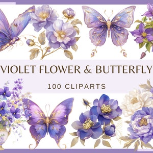VIOLET BLÜTEN & SCHMETTERLINGE - 100 Clip-Arts (300 dpi, kommerzielle Nutzung, Bundle, digital Pfingstrose Rose Glyzinien Blumen Natur Violett Mode png)