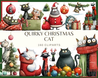 Quirky Christmas Cat: 160 PNG, 300 DPI | Funny Holiday Cat Illustration | Cute Christmas Cat Clipart Pack (Digital Download, Commercial Use)