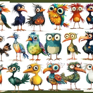 May include: A collection of 18 colorful cartoon birds with various expressions and features. The birds are drawn in a whimsical style with bright colors and exaggerated features.