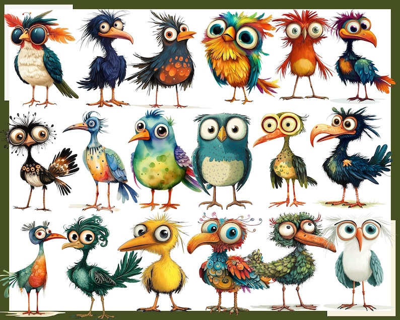 May include: A collection of 18 colorful cartoon birds with various expressions and features. The birds are drawn in a whimsical style with bright colors and exaggerated features.