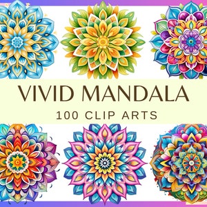 VIVID MANDALA - 100 images clipart (300 dpi, fond transparent, usage commercial, bundle, numérique, Inde, png, mandala coloré)