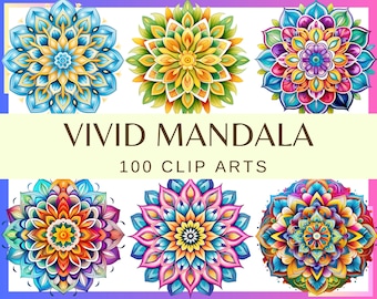 VIVID MANDALA - 100 clip arts (300 dpi, Transparent background, commercial use, bundle, digital, india, png, colorful mandala)