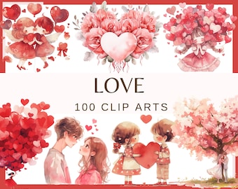 May include: A set of 100 watercolor clip art images featuring hearts, flowers, and couples. The images are in shades of pink, red, and white. The text "LOVE 100 CLIP ARTS" is displayed in the center of the image.