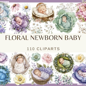 FLORAL NEWBORN BABY - 110 watercolor clip arts (Png, 300 dpi, commercial use, Baby shower, Nursery Decor, Birthday Party baby girl boy)
