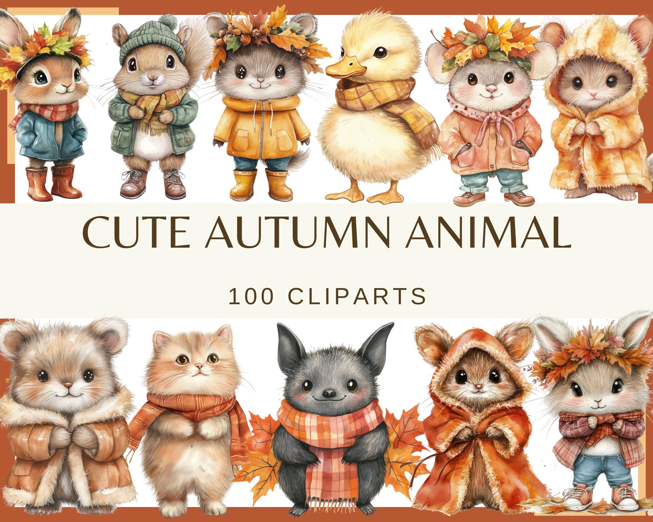 かわいい秋の動物 - 100 個のクリップアート (300 dpi、秋の動物、猫