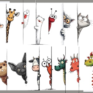 May include: A colourful cartoon illustration shows a variety of animals, including a mouse, giraffe, and dragon, peeking from behind vertical white lines. Each animal has a unique design and expression, creating a playful and engaging image.