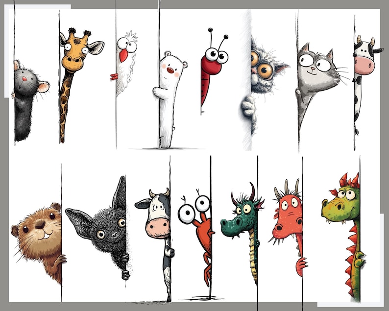 May include: A colourful cartoon illustration shows a variety of animals, including a mouse, giraffe, and dragon, peeking from behind vertical white lines. Each animal has a unique design and expression, creating a playful and engaging image.
