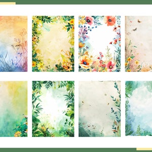 May include: Set of eight watercolor backgrounds featuring floral and foliage borders. The backgrounds are in shades of blue, green, yellow, and white. The borders are made up of various flowers, leaves, and branches.