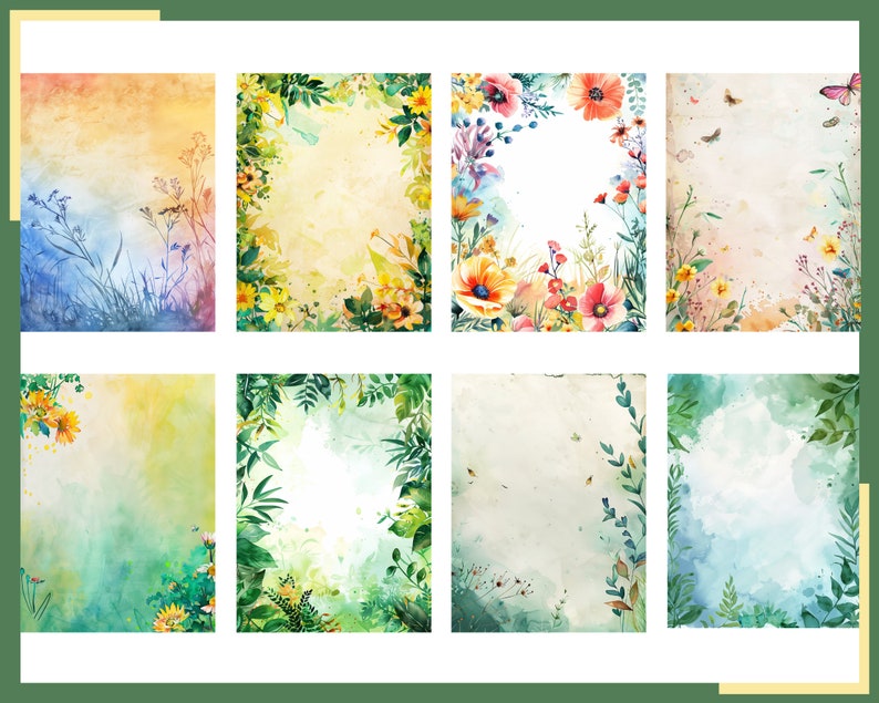 May include: Set of eight watercolor backgrounds featuring floral and foliage borders. The backgrounds are in shades of blue, green, yellow, and white. The borders are made up of various flowers, leaves, and branches.