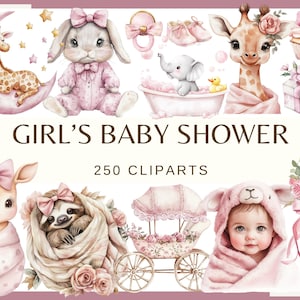 BABY SHOWER POUR FILLE - 250 cliparts aquarelles (cadeaux de baby shower 300 dpi clip art bébé, bébé png Baby shower pour une fille, décoration d'anniversaire de chambre d'enfant)