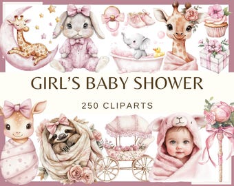 Girl's Baby Shower Clipart: Watercolor Animals (250 PNG)