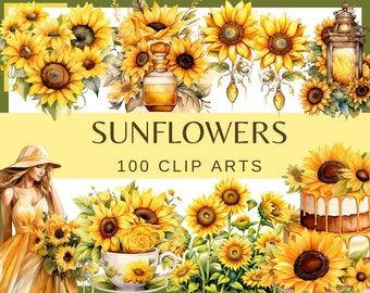 SUNFLOWERS - 100 clip arts (300 dpi, commercial use, bundle, digital, yellow, pale flowers, floral, nature, garden, junk journal, png)