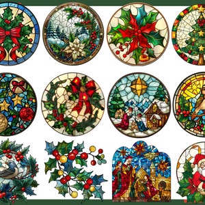 May include: Twelve round stained glass ornaments with Christmas themes. The ornaments feature a variety of designs, including holly, poinsettias, a Christmas tree, a bird, a star, and a nativity scene. The ornaments are all made of colourful glass and have a mosaic-like appearance.