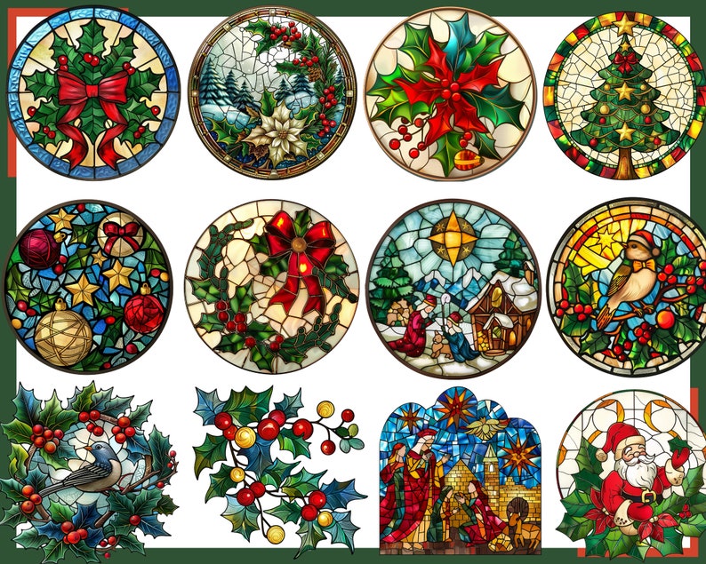 May include: Twelve round stained glass ornaments with Christmas themes. The ornaments feature a variety of designs, including holly, poinsettias, a Christmas tree, a bird, a star, and a nativity scene. The ornaments are all made of colourful glass and have a mosaic-like appearance.