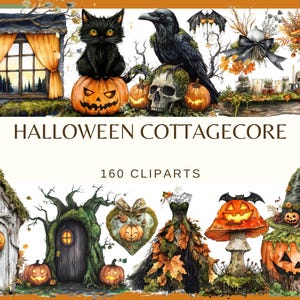 May include: Watercolor illustrations with a Halloween Cottagecore theme. The image features a black cat on a jack-o'-lantern, a raven, skulls, pumpkins, and a witch's hat. Text reads "Halloween Cottagecore" and "160 Cliparts."