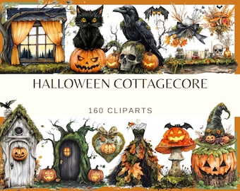May include: Watercolor illustrations with a Halloween Cottagecore theme. The image features a black cat on a jack-o'-lantern, a raven, skulls, pumpkins, and a witch's hat. Text reads "Halloween Cottagecore" and "160 Cliparts."