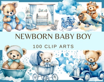 BLUE TEDDY BEAR. Baby shower for a boy, Nursery Decor - 75 watercolor clip arts (Transparent background, 300 dpi, commercial use png)