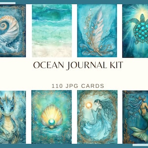 Könnte beinhalten: Ein "Ocean Journal Kit" mit 110 JPG-Karten. Die Karten zeigen Aquarellillustrationen mit Meeresthemen, darunter eine Nautilusmuschel, Wellen, eine Feder, eine Meeresschildkröte, ein Drache, eine Muschel, eine Frau mit einer leuchtenden Kugel und eine Meerjungfrau.