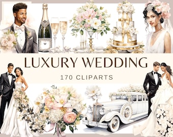 May include: A set of 170 luxury wedding clipart images featuring a white wedding car, a bride and groom in formal attire, a wedding cake decorated with gold accents, and floral arrangements with white and pink flowers.