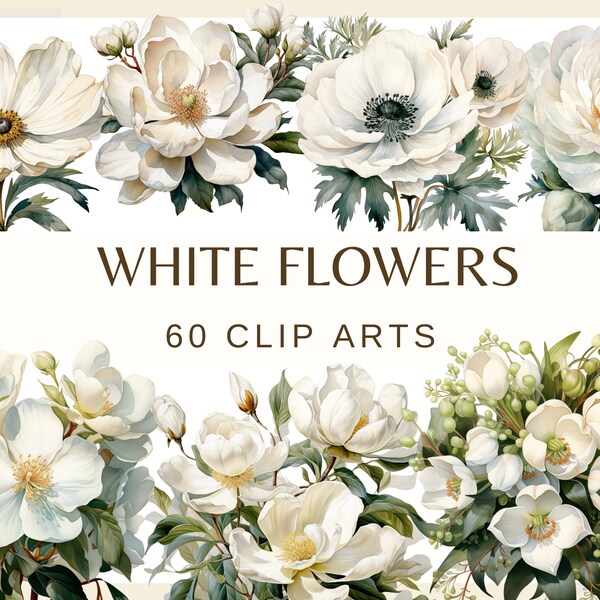 FLEURS BLANCHES - 60 clip arts (300 DPI, usage commercial, floral, nature, fleur de mariage, png, orchidée, jasmin, anémone, cosmoc, marguerite)