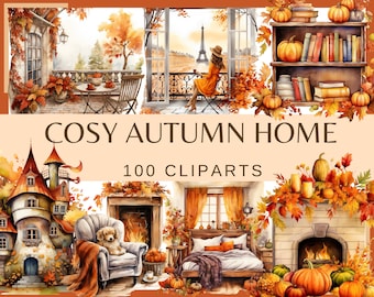 Cosy Autumn Home: 100 PNG, 300 DPI Graphics Fall (Commercial Use, Digital)