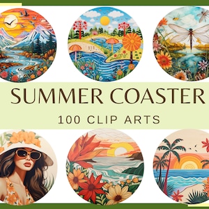 SOUS-VERRES D'ÉTÉ - 100 sous-verres aquarelles (papier numérique d'été 300 dpi, papier de scrapbooking, png, filles d'été, fleurs, palmier, coucher de soleil sur la mer)