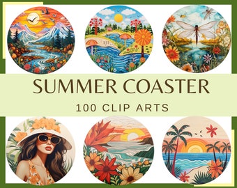 SUMMER COASTERS - 100 watercolor coasters (Summer Digital Paper 300 dpi, Scrapbook Paper, png, summer girls, flowers, palm tree, sea sunset)