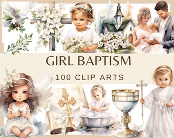 Girl Baptism Watercolor Clip Art: Rosary, Dove, Church (300 dpi PNG)