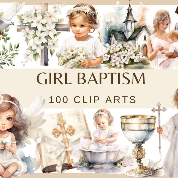 BAPTÊME FILLE - 100 clip-arts aquarelles (Rosaire, colombe, baptême, première communion, fille, baptême, 300 dpi, png, gobelet église, branche, olive)