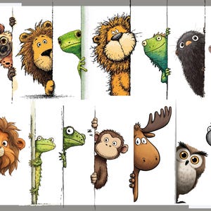 May include: A charming illustration showcases various cartoon animals, such as a lion, frog, and monkey, peeking from behind white vertical panels. The animals have distinct expressions and colours, creating a playful and engaging scene.