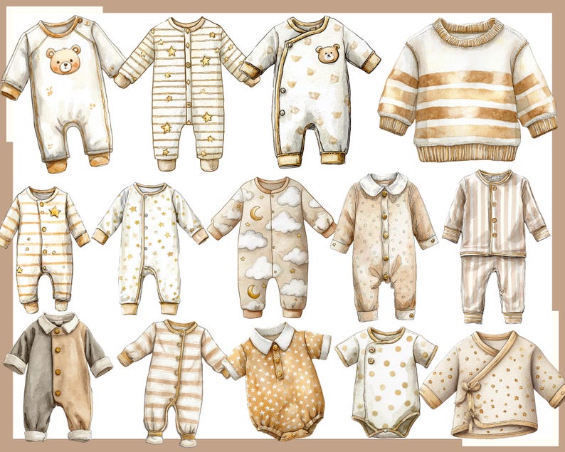 Op de afbeelding: Waterverfillustraties van babykleding in zachte beige en cr&egrave;metinten. De afbeelding toont verschillende stijlen, waaronder rompertjes, een trui en een tweedelige set, versierd met patronen zoals strepen, sterren en een teddybeer. De ontwerpen zijn zacht en geschikt voor pasgeborenen.