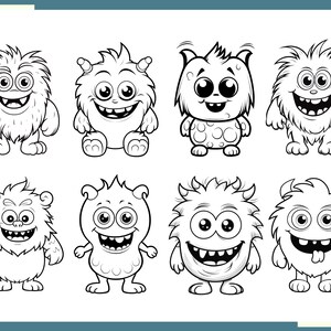 May include: Black and white line art illustration of eight different cartoon monsters with various facial expressions and body shapes.