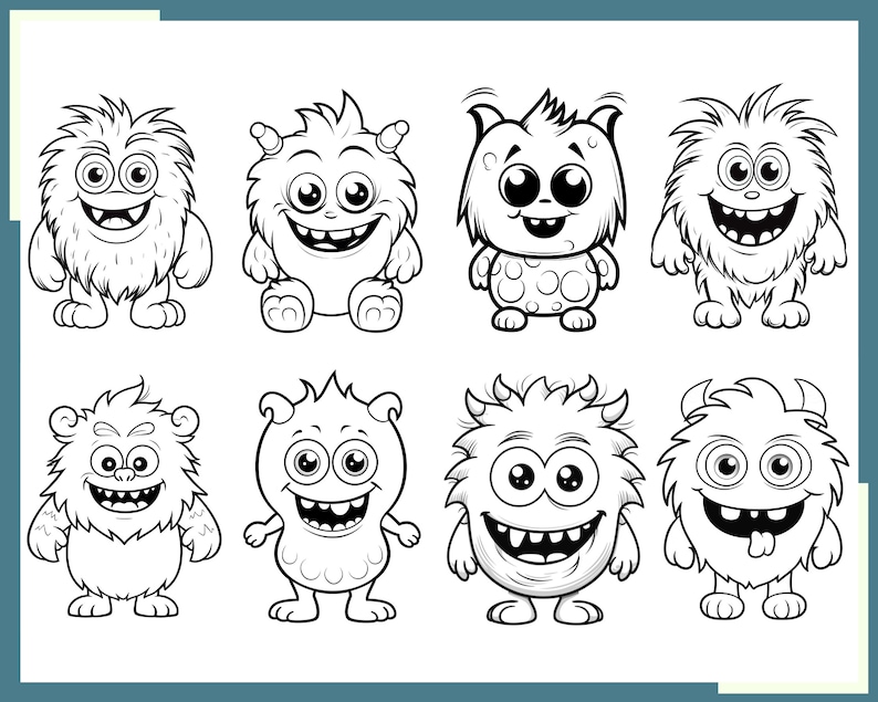 May include: Black and white line art illustration of eight different cartoon monsters with various facial expressions and body shapes.