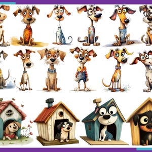 Op de afbeelding: Een digitale illustratie met 14 cartoonhonden in verschillende poses, met 5 hondenhokjes in de onderste rij. De honden zijn allemaal van verschillende rassen en kleuren, en ze dragen allemaal verschillende outfits. De hondenhokjes zijn allemaal in verschillende kleuren en stijlen.