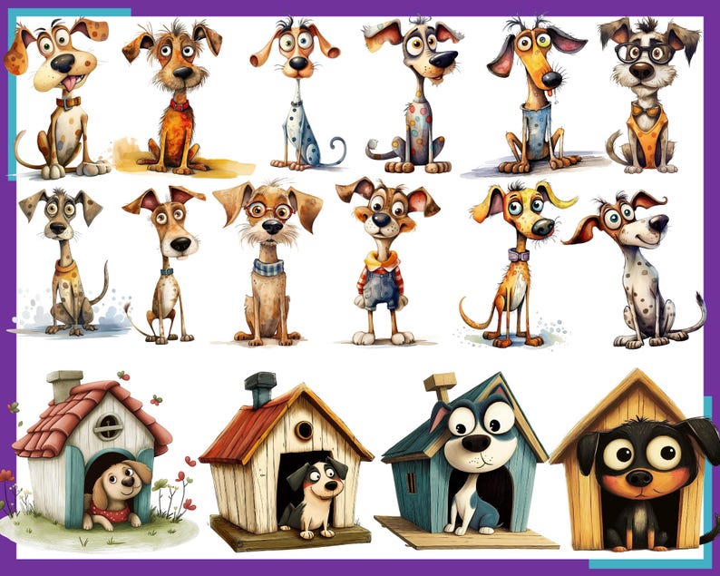 Op de afbeelding: Een digitale illustratie met 14 cartoonhonden in verschillende poses, met 5 hondenhokjes in de onderste rij. De honden zijn allemaal van verschillende rassen en kleuren, en ze dragen allemaal verschillende outfits. De hondenhokjes zijn allemaal in verschillende kleuren en stijlen.