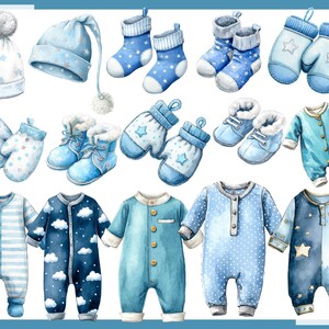 May include: Watercolor illustration of baby clothing and accessories in shades of blue and white. Includes hats, mittens, socks, booties, and several one-piece outfits with star and cloud patterns. A charming collection for a newborn.