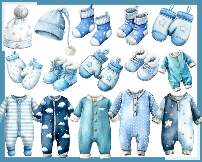 May include: Watercolor illustration of baby clothing and accessories in shades of blue and white. Includes hats, mittens, socks, booties, and several one-piece outfits with star and cloud patterns. A charming collection for a newborn.
