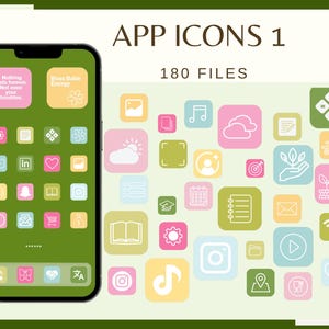 May include: A collection of 180 app icons in a variety of colors and designs. The icons are displayed on a green background with the text "APP ICONS 1" and "180 FILES".