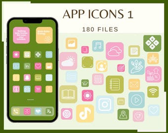 May include: A collection of 180 app icons in a variety of colors and designs. The icons are displayed on a green background with the text "APP ICONS 1" and "180 FILES".