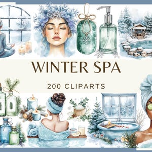 SPA D'HIVER - 200 images clipart (png, 300 dpi, bien-être confortable PNG, éléments de spa enneigés, clipart soins personnels, beauté hivernale, art détente Hygge)