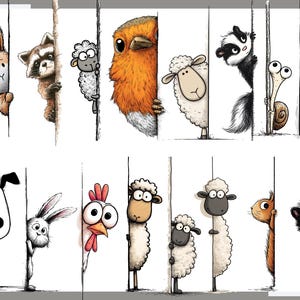 May include: A cartoon illustration of various animals, including a rabbit, raccoon, sheep, and robin, peeking from behind vertical lines. Other animals include a skunk, snail, and dog. The artwork has a cartoon style with a white background.
