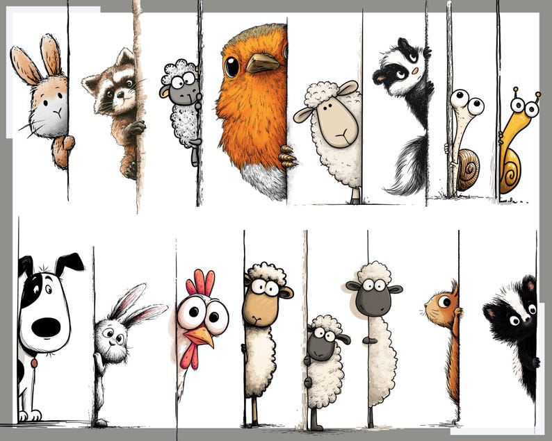May include: A cartoon illustration of various animals, including a rabbit, raccoon, sheep, and robin, peeking from behind vertical lines. Other animals include a skunk, snail, and dog. The artwork has a cartoon style with a white background.