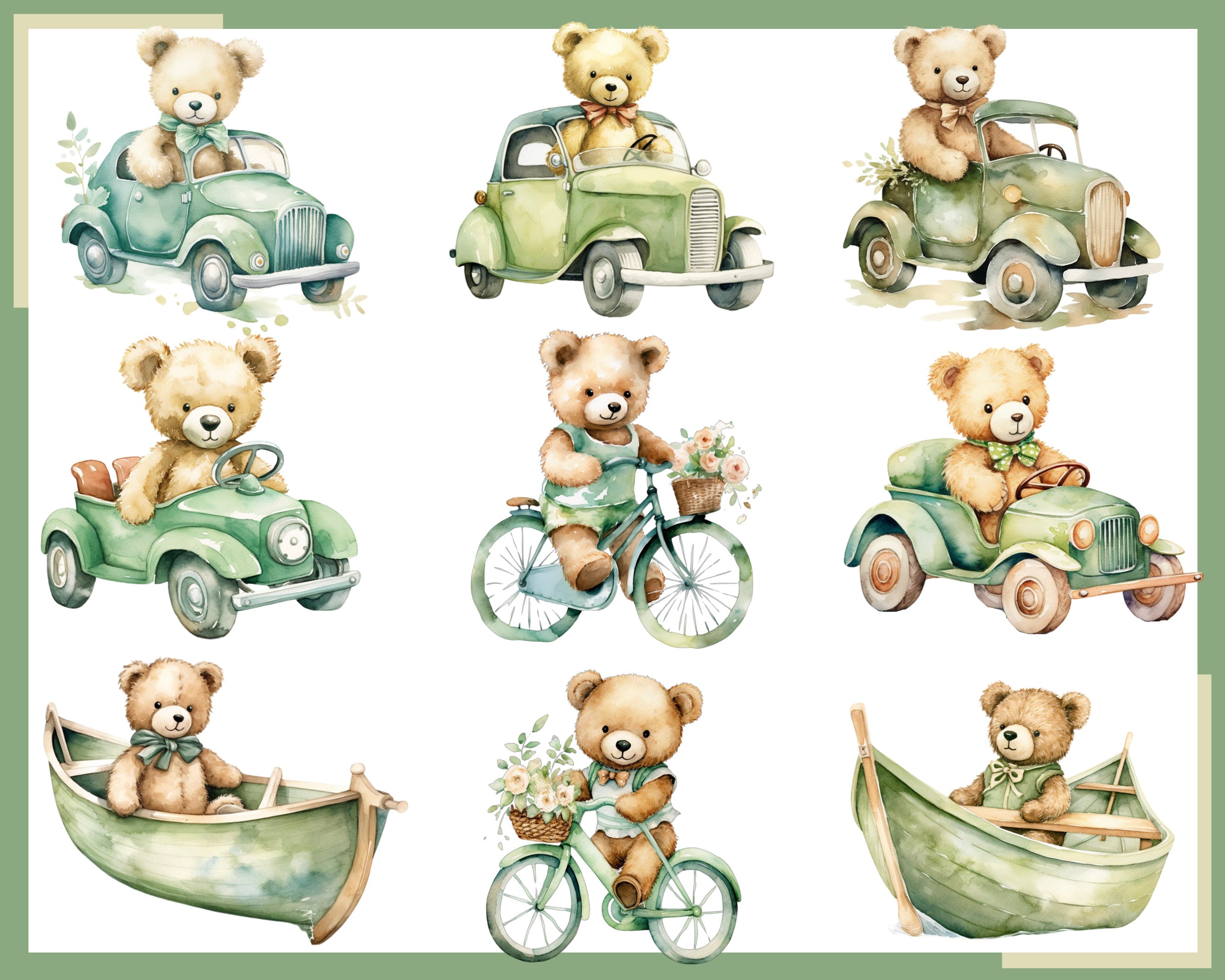 Green Teddy Bear Watercolor Clipart: 100 PNG Nursery Graphics ...