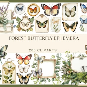 Puede incluir: Una colección de elementos de clip art de mariposas en acuarela, que incluyen mariposas, etiquetas y acentos botánicos. También se ve el texto "FOREST BUTTERFLY EPHEMERA" y "200 CLIPARTS". La paleta de colores incluye verdes, marrones y pasteles suaves.