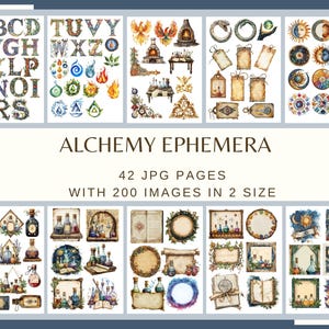 May include: A digital collection titled "Alchemy Ephemera" featuring watercolor illustrations. The image includes decorative letters, alchemical symbols, potion bottles, and celestial designs. The text indicates 42 JPG pages with 200 images in 2 sizes.