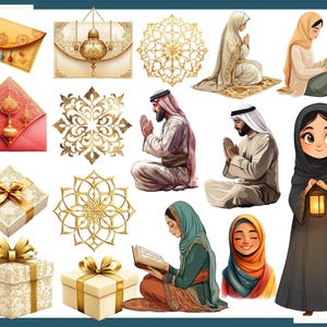 Pu&ograve; includere: Una collezione di illustrazioni a tema islamico. Include confezioni regalo con nastri dorati, buste ornate, disegni decorativi in filigrana dorata e figure in abiti tradizionali. Presenta anche una ragazza dei cartoni animati che tiene una lanterna.