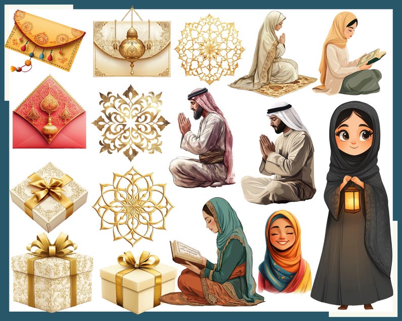 Pu&ograve; includere: Una collezione di illustrazioni a tema islamico. Include confezioni regalo con nastri dorati, buste ornate, disegni decorativi in filigrana dorata e figure in abiti tradizionali. Presenta anche una ragazza dei cartoni animati che tiene una lanterna.