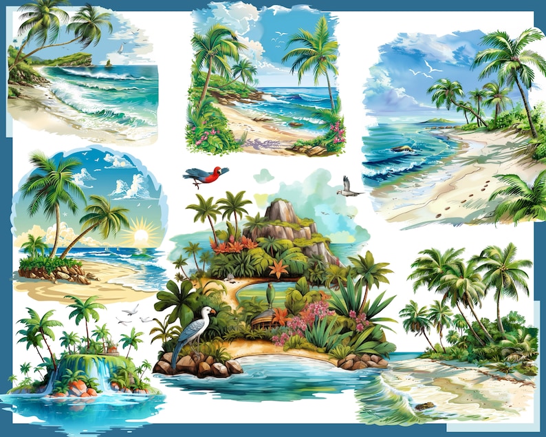 PARADISE ISLANDS 100 clip arts 300 dpi, png, commercial use, bundle, digital, sea life, png, waterfall, parrot, tropic, sunset, sunrise image 9