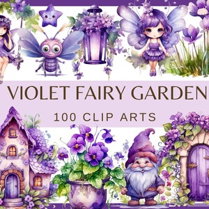 JARDIN DE FÉES VIOLET - 100 cliparts aquarelle (fond transparent 300 dpi décoration de chambre d'enfant png elfe gnome fantaisie maison porte lanterne étoile))