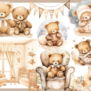 Ours en peluche beige 100 cliparts, baby shower pour nouveau-nés, décoration de chambre d'enfant, bébé garçon, petite fille, ours en peluche beige image 3